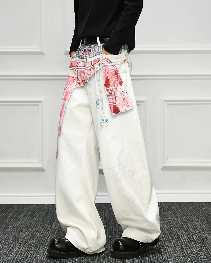 Patchwork Scarf Detail Wide Leg Pants - Image 7