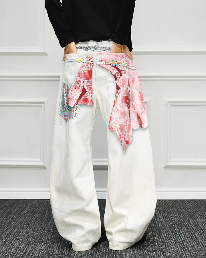 Patchwork Scarf Detail Wide Leg Pants - Image 8