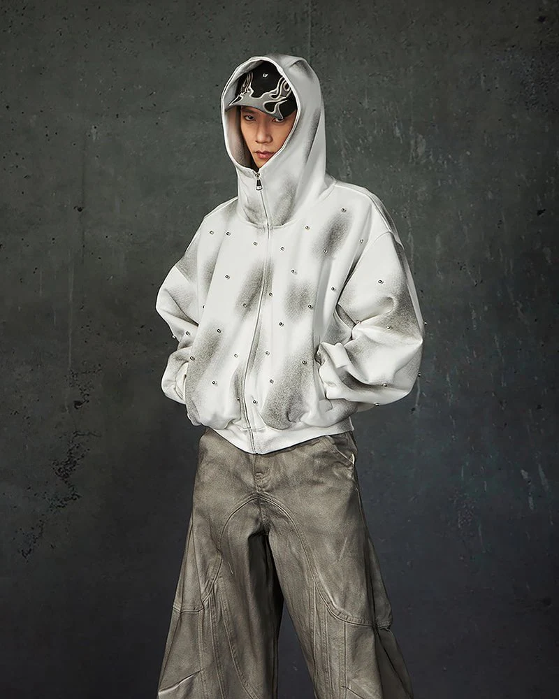 Pearl-Detailed Dirty Wash Zip Hoodie Jacket - Image 2