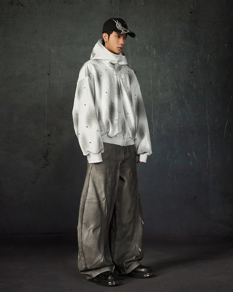 Pearl-Detailed Dirty Wash Zip Hoodie Jacket - Image 4