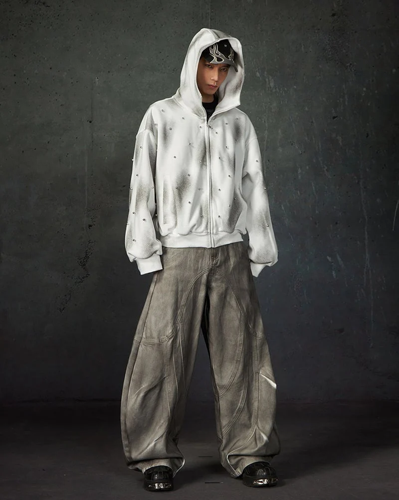 Pearl-Detailed Dirty Wash Zip Hoodie Jacket - Image 5
