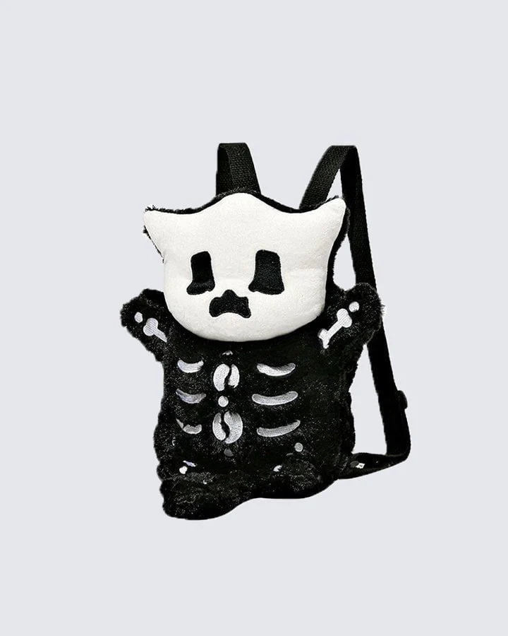 Plush Skeleton Cat Backpack with Cute Face