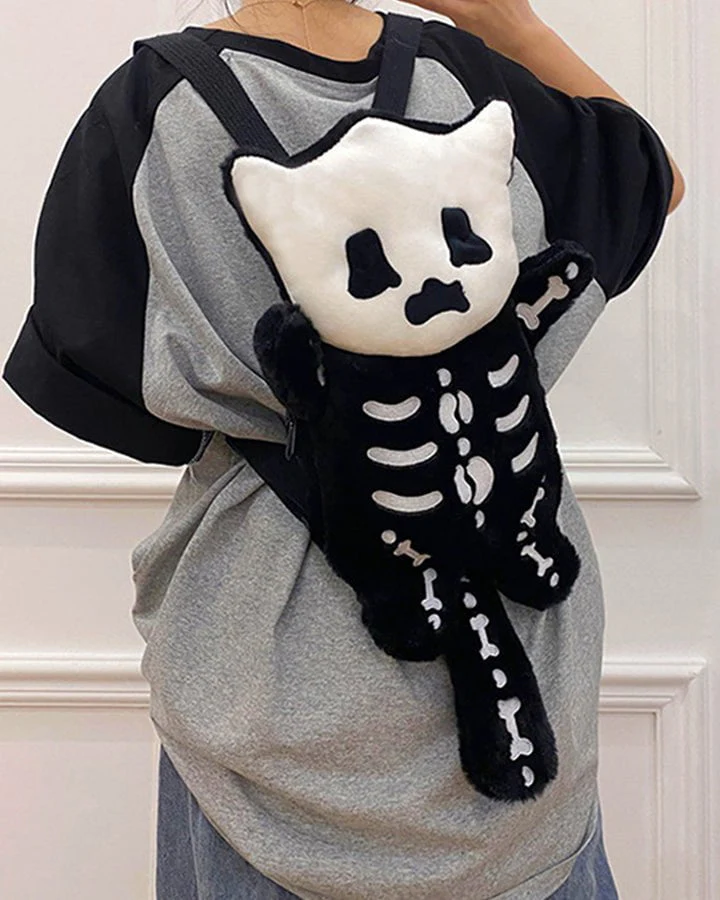 Plush Skeleton Cat Backpack with Cute Face - Image 3