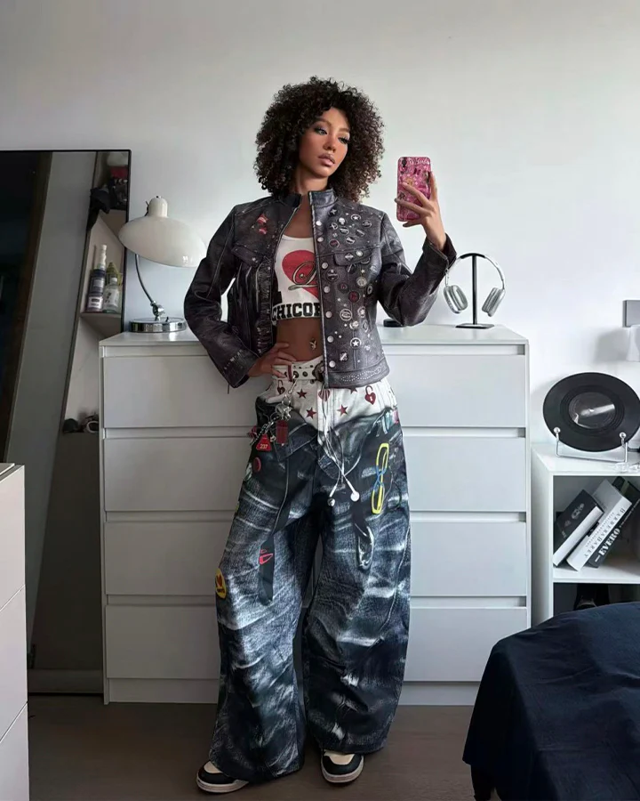Print Denim Illusion Wide-Leg Pants - Image 11
