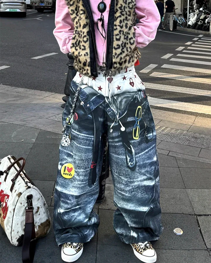 Print Denim Illusion Wide-Leg Pants - Image 3