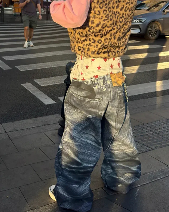 Print Denim Illusion Wide-Leg Pants - Image 4