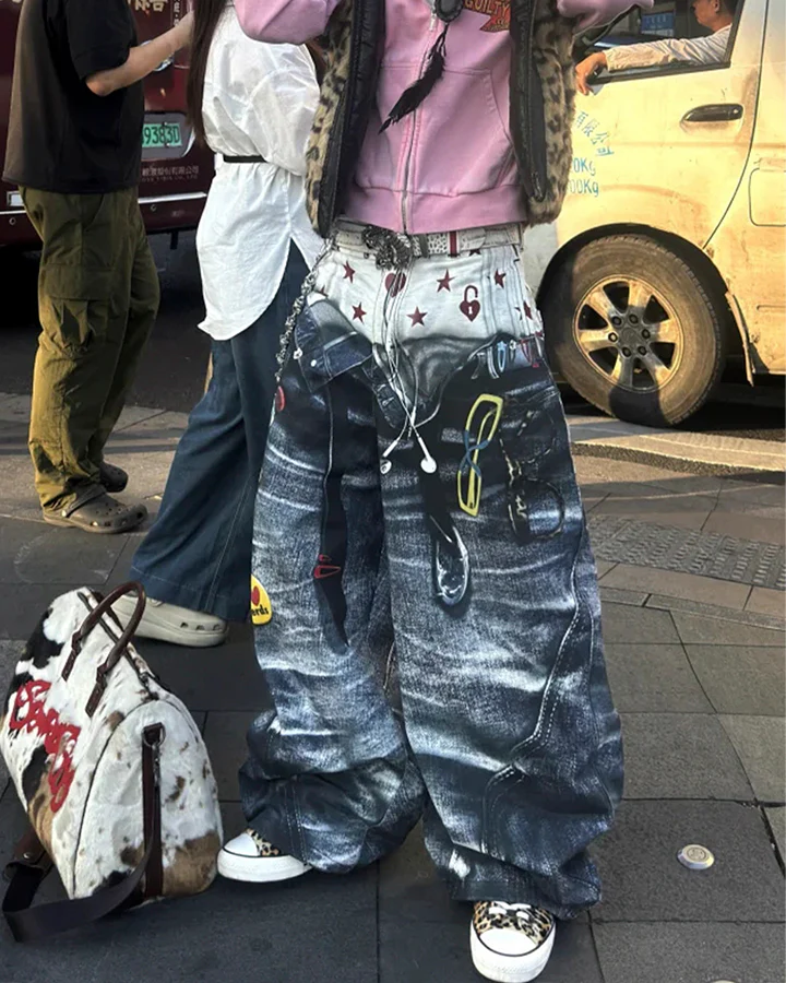 Print Denim Illusion Wide-Leg Pants - Image 7