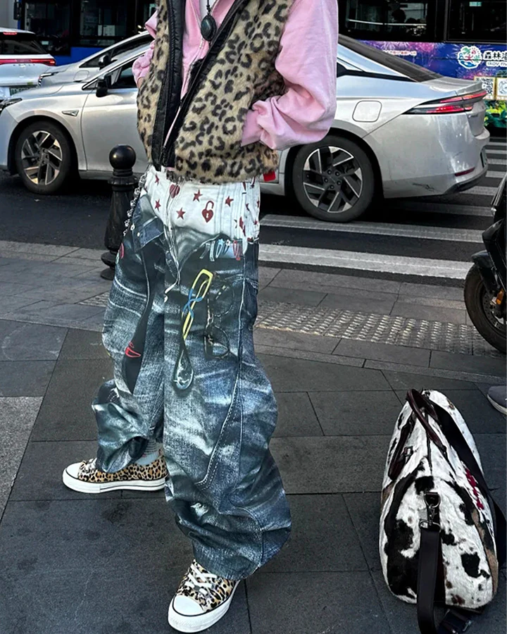 Print Denim Illusion Wide-Leg Pants - Image 8