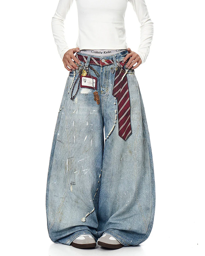 Printed Deconstructed Vintage Wide Denim Jean - Image 2