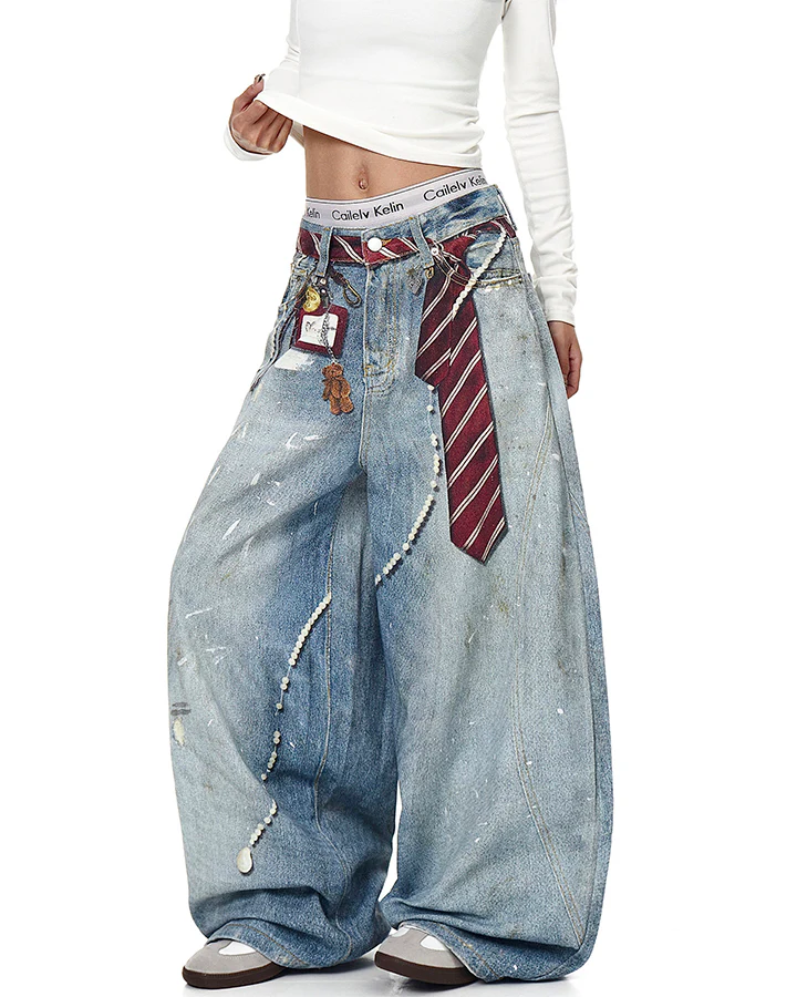 Printed Deconstructed Vintage Wide Denim Jean - Image 3