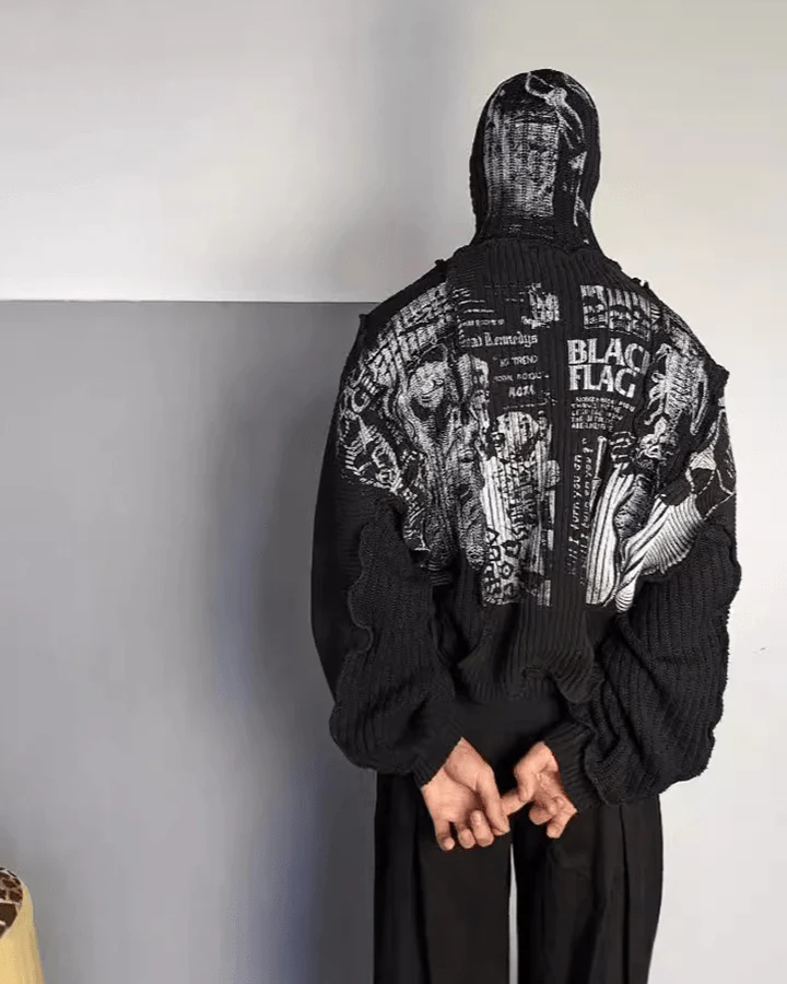 Punk Graphic Distressed Knit Hoodie - Image 2