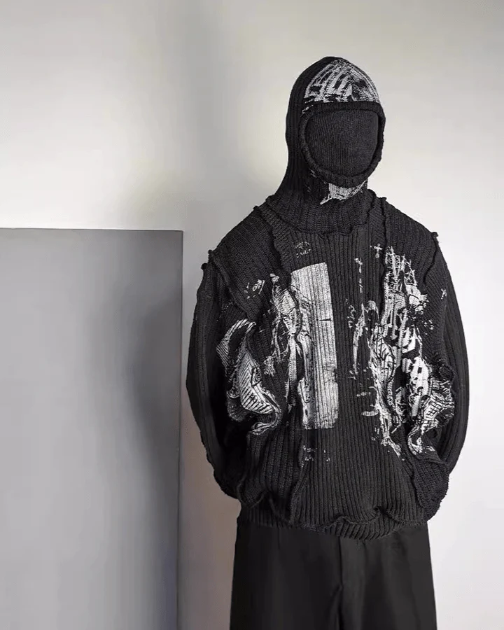 Punk Graphic Distressed Knit Hoodie - Image 4