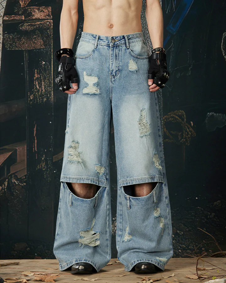 Punk Double-Knee Cutout Washed Denim Pants - Image 3