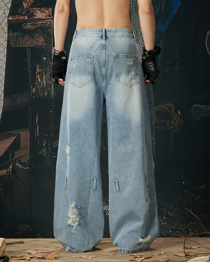 Punk Double-Knee Cutout Washed Denim Pants - Image 5