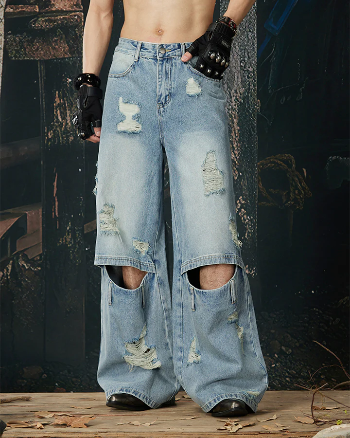 Punk Double-Knee Cutout Washed Denim Pants - Image 6