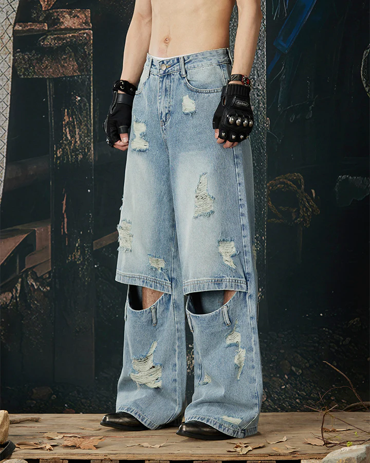 Punk Double-Knee Cutout Washed Denim Pants - Image 7