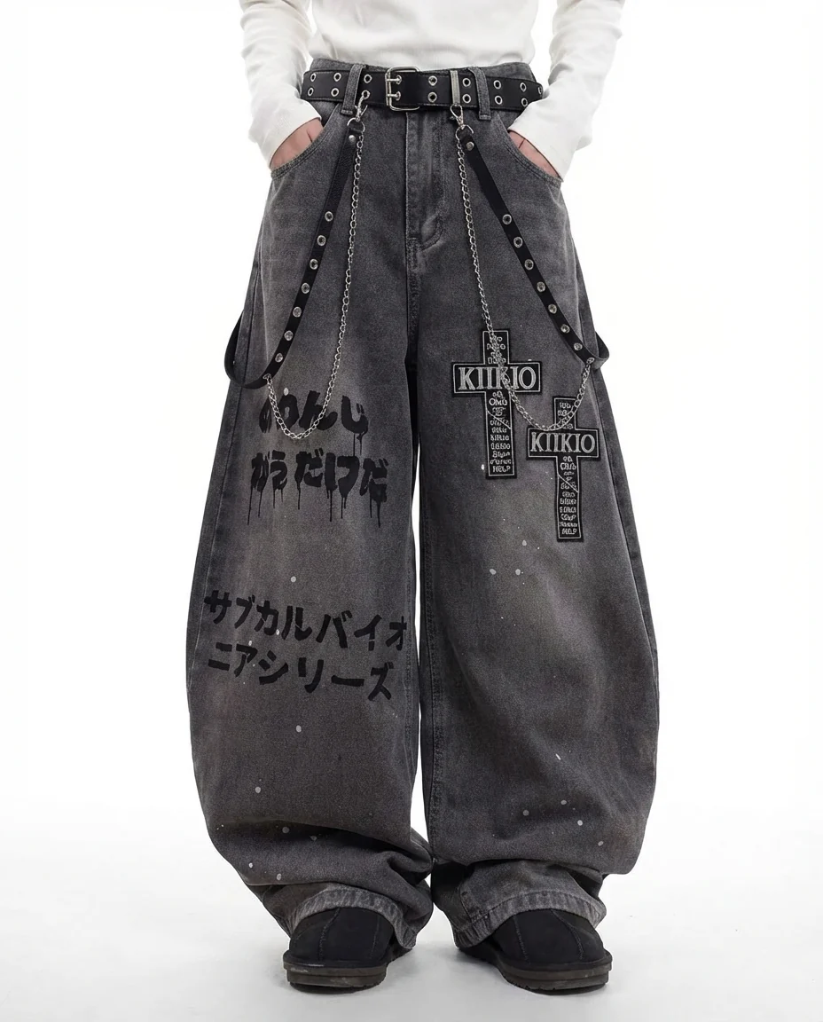 Punk Washed Denim Wide-Leg Pants - Image 2
