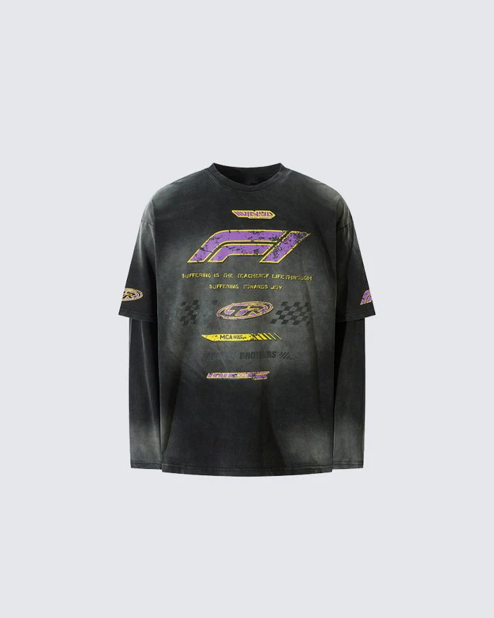 Racing Style Fake Two-Piece Long-Sleeved T-Shirt - Image 2