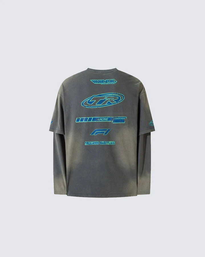 Racing Style Fake Two-Piece Long-Sleeved T-Shirt - Image 3