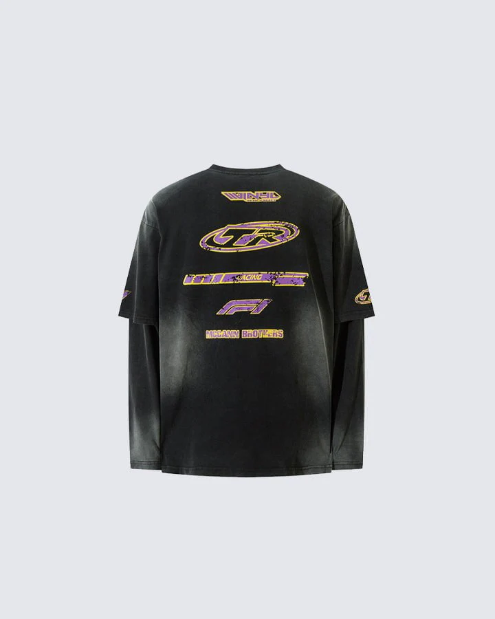 Racing Style Fake Two-Piece Long-Sleeved T-Shirt - Image 4