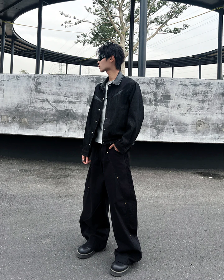 Raw Denim Leather Patchwork Jacket - Image 10