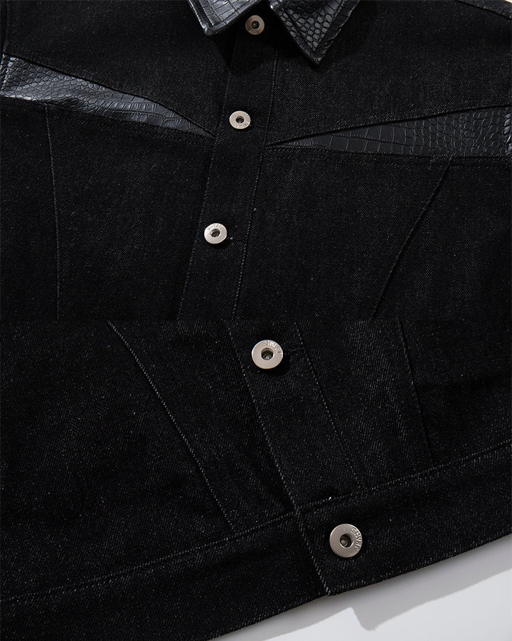 Raw Denim Leather Patchwork Jacket - Image 11