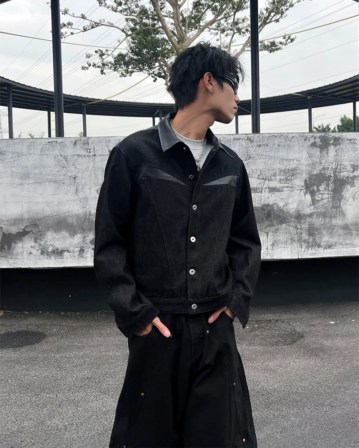 Raw Denim Leather Patchwork Jacket - Image 2