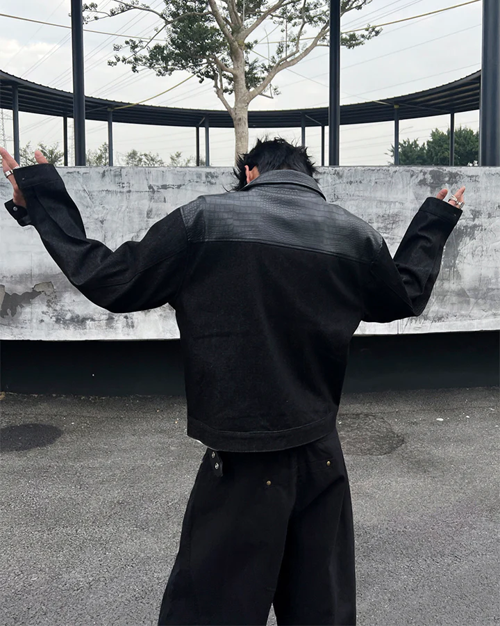 Raw Denim Leather Patchwork Jacket - Image 3