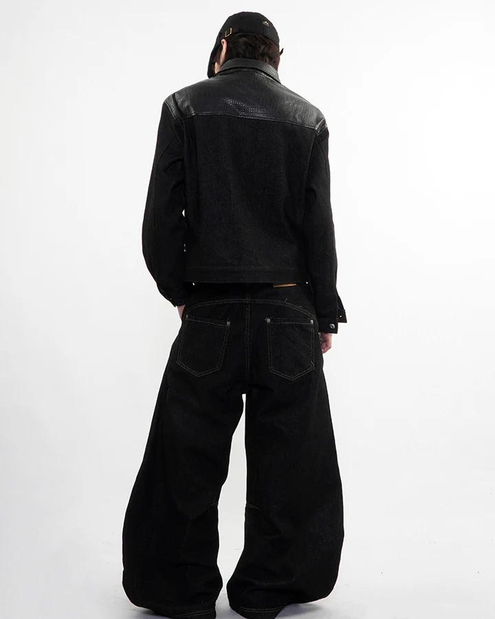 Raw Denim Leather Patchwork Jacket - Image 5