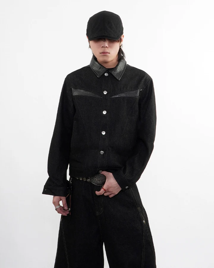 Raw Denim Leather Patchwork Jacket - Image 7