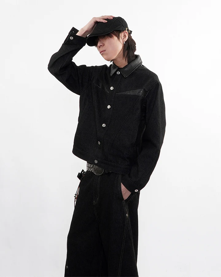 Raw Denim Leather Patchwork Jacket - Image 8
