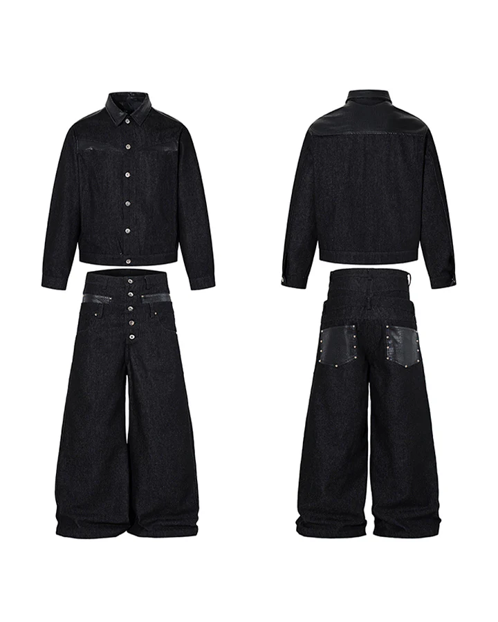 Raw Denim Leather Patchwork Jacket - Image 9
