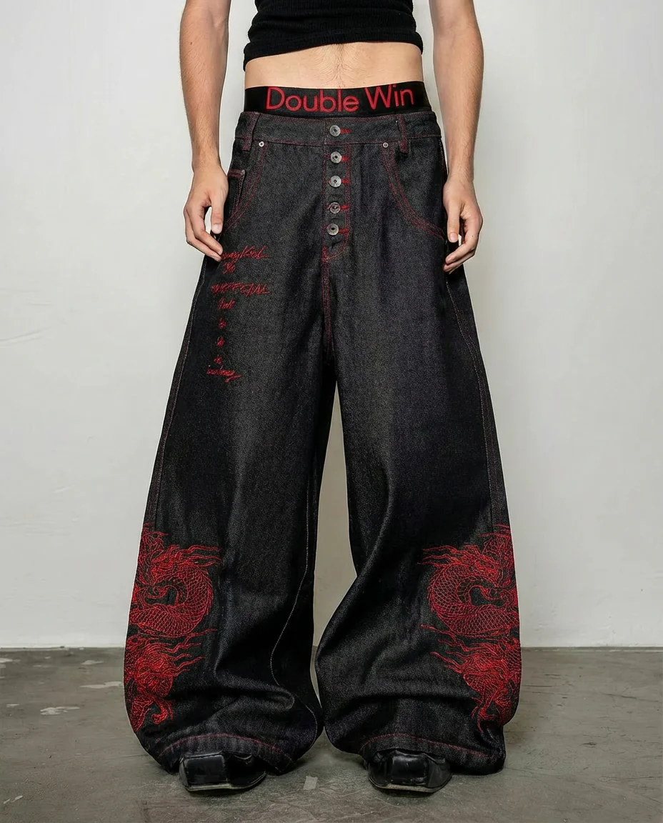 Red Dragon Embroidered Denim Pants - Image 2