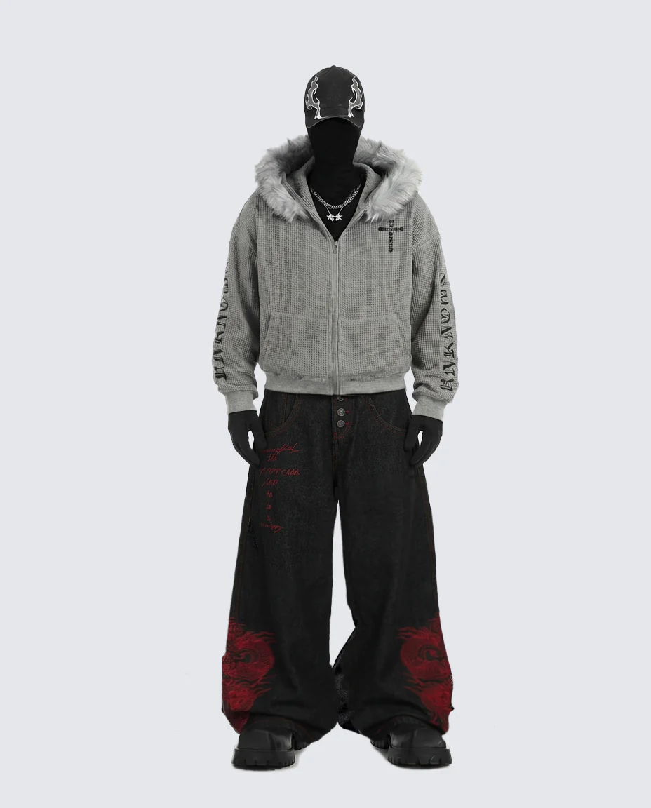 Red Dragon Embroidered Denim Pants - Image 3