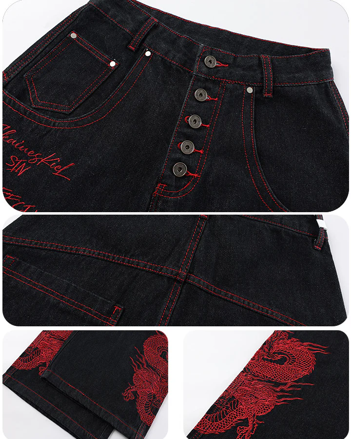 Red Dragon Embroidered Denim Pants - Image 5