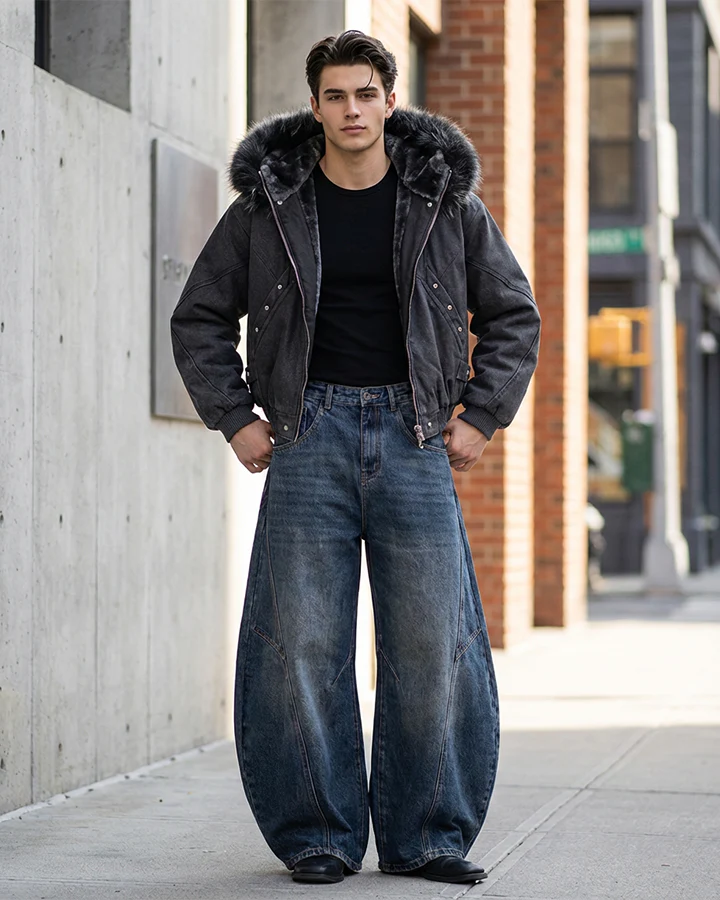 Retro Curved Blade Wide-Leg Denim Pants - Image 3