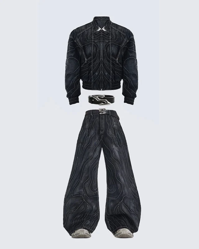 Retro Denim Jacket and Wide-Leg Jeans Set - Image 3