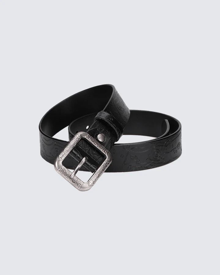 Retro Floral Embossed Leather Belt with Vintage Buckle – Chestnut Brown - Image 2