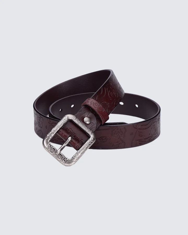 Retro Floral Embossed Leather Belt with Vintage Buckle – Chestnut Brown - Image 3
