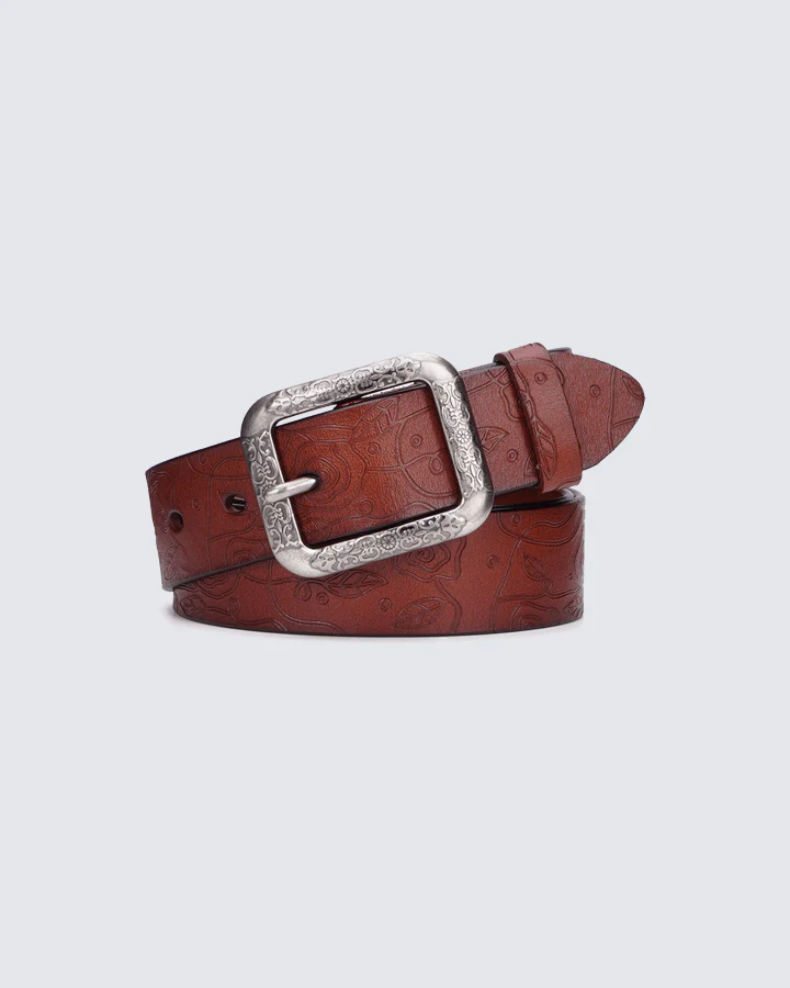 Retro Floral Embossed Leather Belt with Vintage Buckle – Chestnut Brown - Image 4