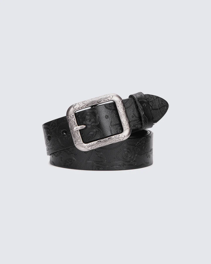 Retro Floral Embossed Leather Belt with Vintage Buckle – Chestnut Brown - Image 5