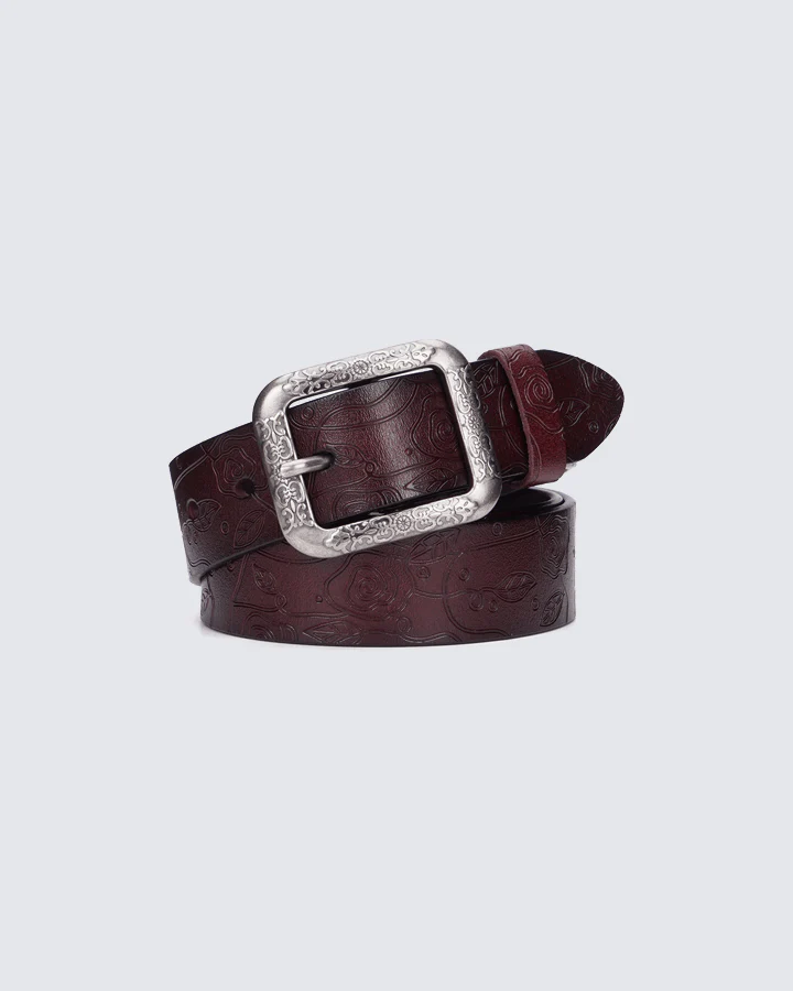 Retro Floral Embossed Leather Belt with Vintage Buckle – Chestnut Brown - Image 6