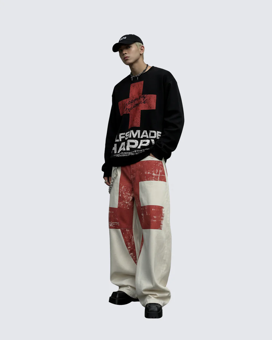 Retro Graphic Baggy Jeans with Scimitar Print - Image 3
