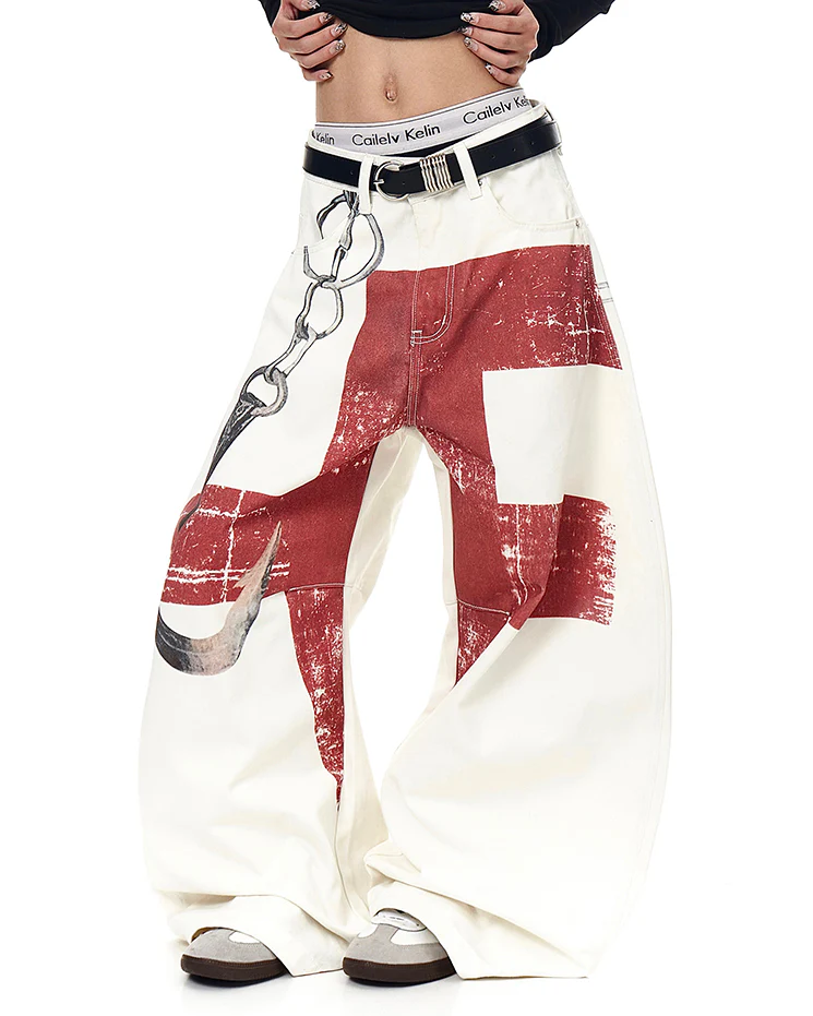 Retro Graphic Baggy Jeans with Scimitar Print - Image 4