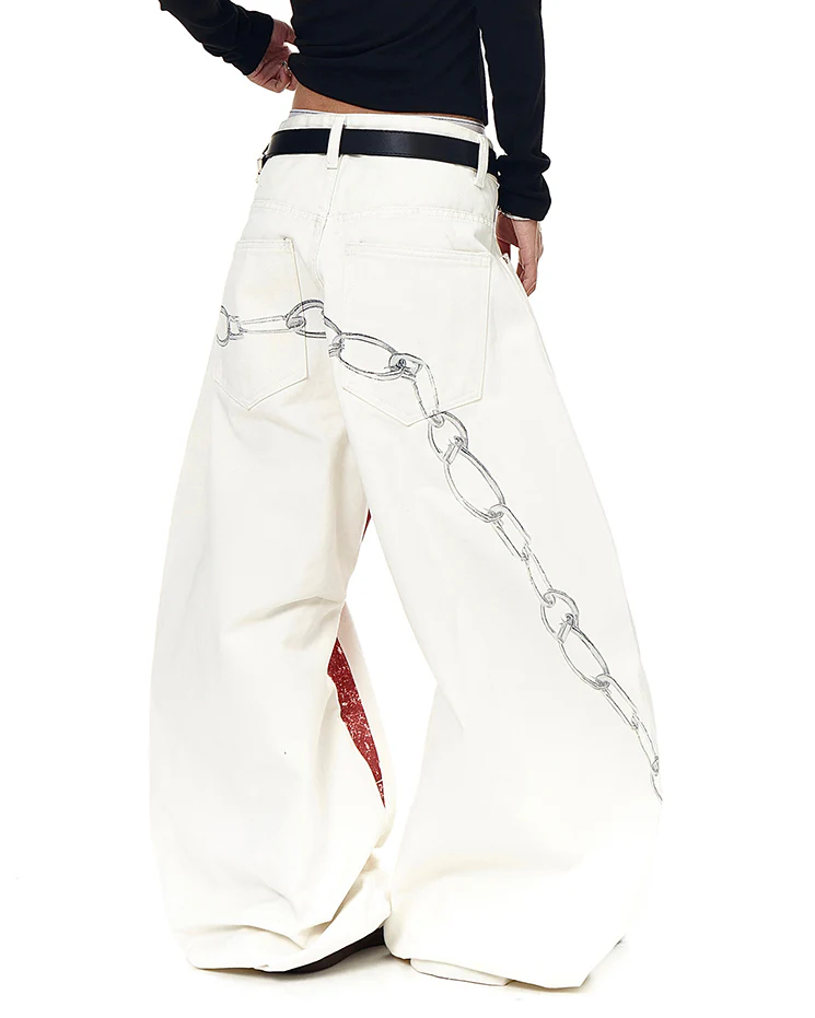 Retro Graphic Baggy Jeans with Scimitar Print - Image 5