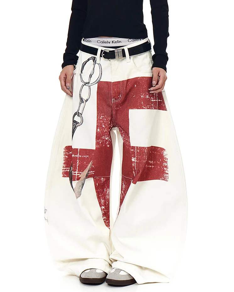 Retro Graphic Baggy Jeans with Scimitar Print - Image 6