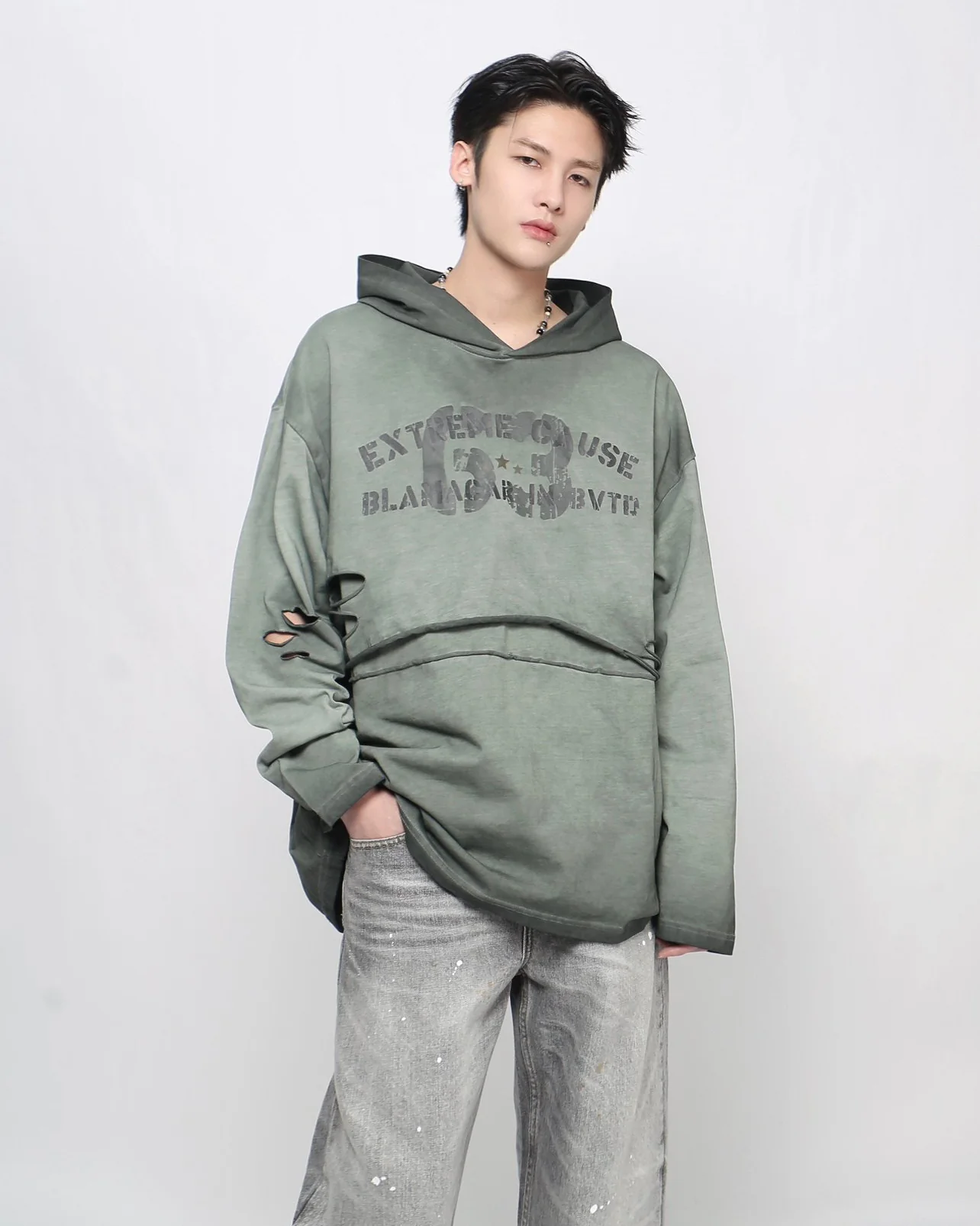 Retro Letter Distressed Hooded Sweatshirt - Image 2