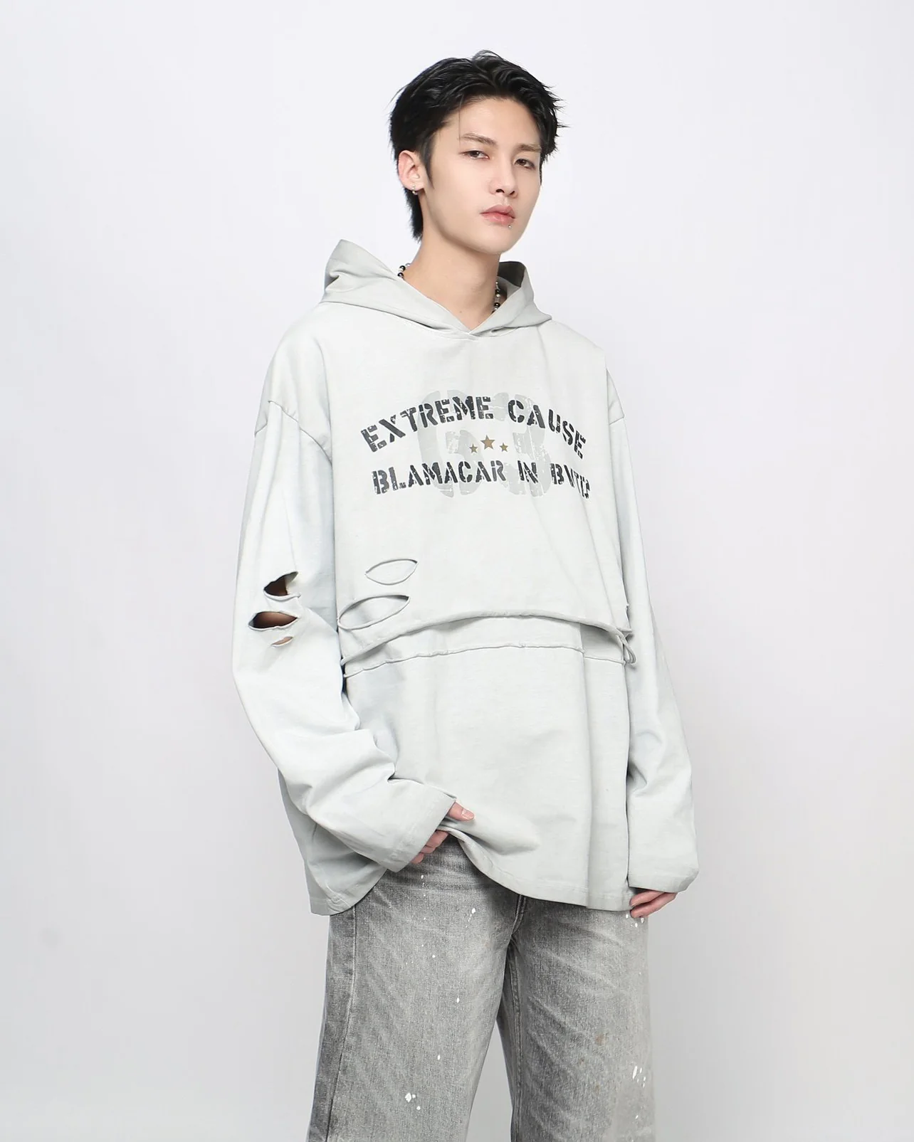 Retro Letter Distressed Hooded Sweatshirt - Image 6