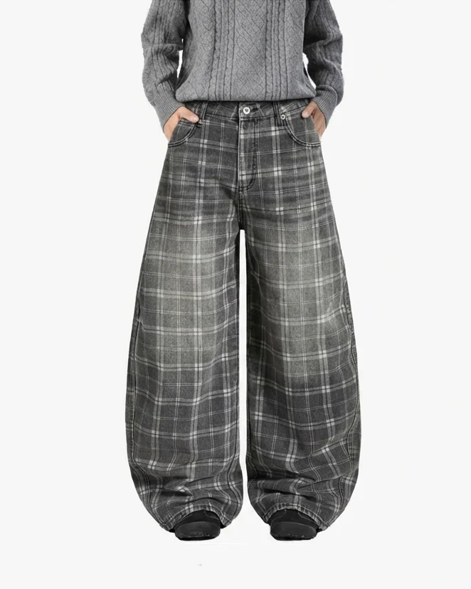Retro Plaid Wide-Leg Casual Pants - Image 2