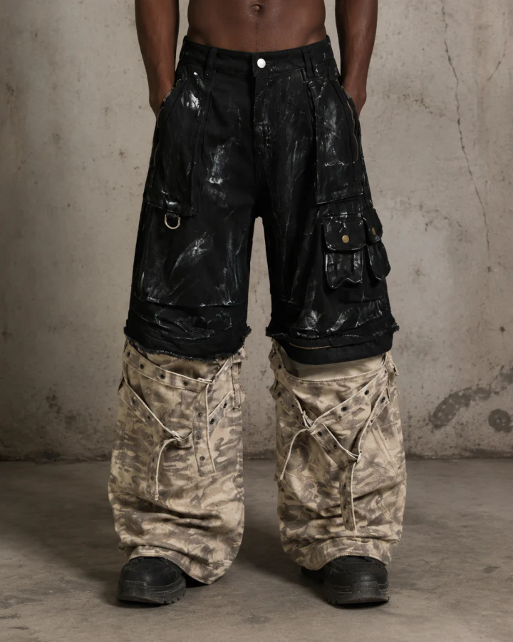 Retro Two-Tone Patchwork Split-Pocket Pants - Image 2